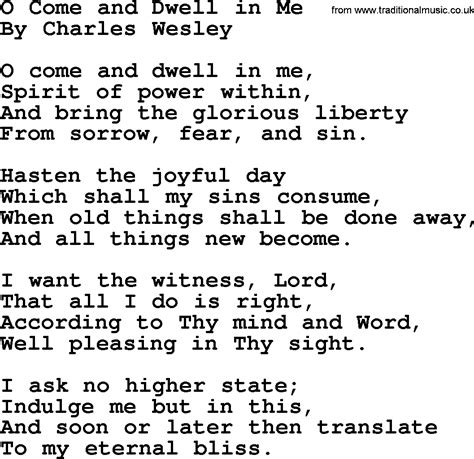 O Come And Dwell In Me By Charles Wesley Hymn Lyrics