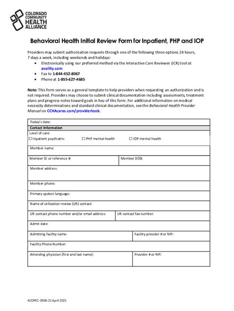 Fillable Online Behavioral Health Initial Review Form For Inpatient