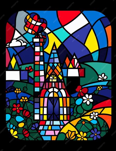 Premium Ai Image A Close Up Of A Stained Glass Window With A Tower Generative Ai