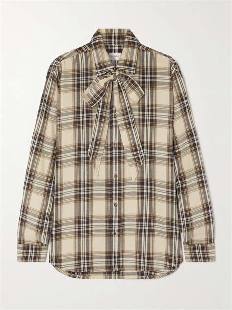 SAINT LAURENT Pussy Bow Checked Cotton Blend Shirt NET A PORTER