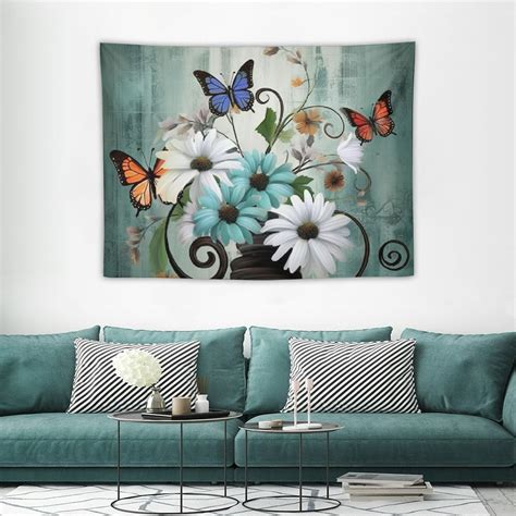 ONETECH Rustic Farmhouse Flowers Tapestry Farm Teal Daisy Floral