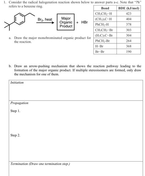 Solved 1 Consider The Radical Halogenation Reaction Shown Chegg