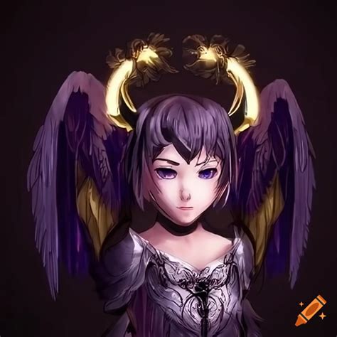 Angel Demon Hybrid Anime Character With Black Horns And Golden Halo On