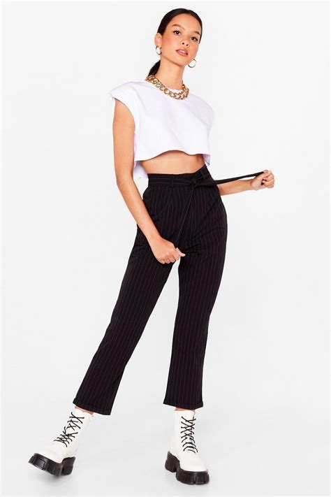 Womens Pinstripe Tie Waist Tapered Trousers Boohoo Uk