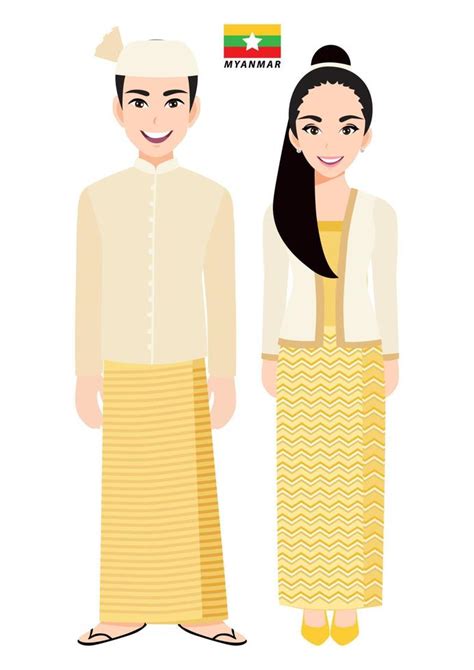 Couple of cartoon characters in Myanmar traditional costume vector ...