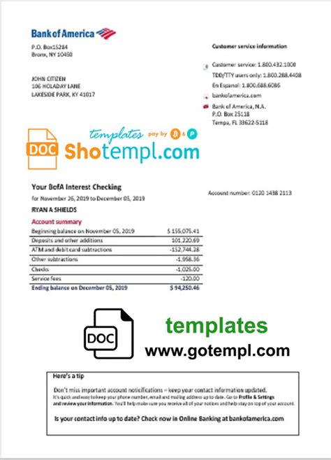 Usa Bank Of America Bank Statement Easy To Fill Template In Word Format