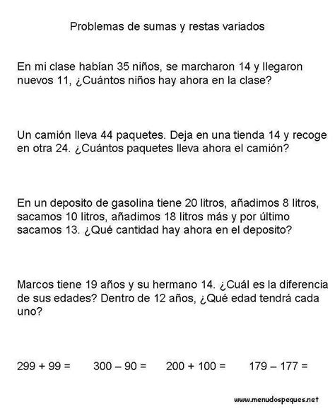 Problemas Sencillos De Suma Y Resta