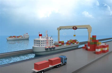 Crane Lifting Cargo Container And Loading The Ship Stock Illustration ...