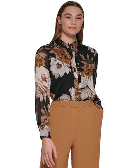 Calvin Klein Womens Long Sleeve Floral Blouse Macys