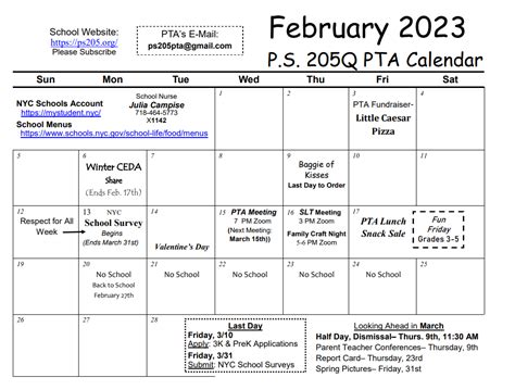 February 2023 Calendar – PS 205Q Alexander Graham Bell