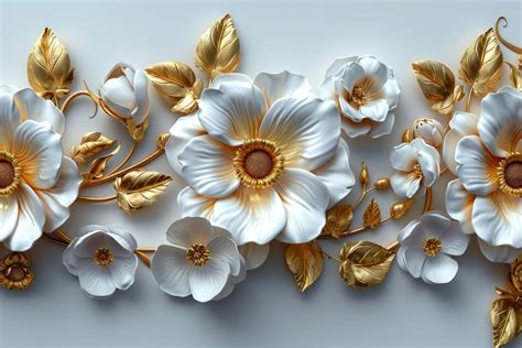 3d golden floral seamless border tile with white geometric flowers ...