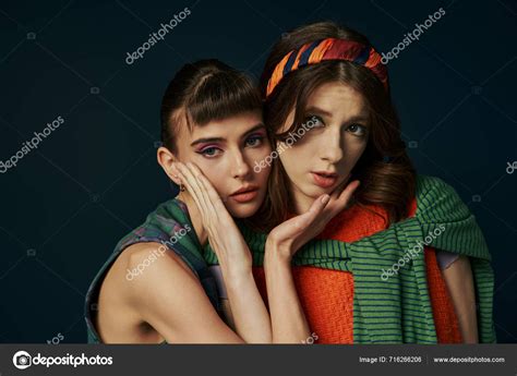 Lesbian Couple Dressed Comfortably Pose Joyful Snapshot Together Stock Photo AllaSerebrina