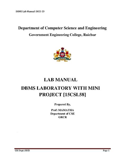 Dbmslabmanual DATABASE MANAGEMENT SYSTEM LAB MANUAL Department Of