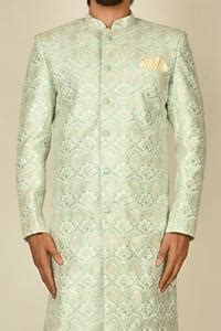 Buy Green Silk Embroidered Thread Work Floral Sherwani Set For Men By