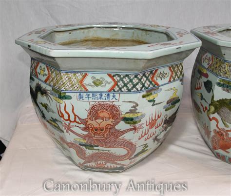 Pair Qianlong Chinese Porcelain Planters Octagonal Dragon Pots