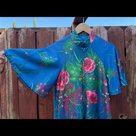 Vintage Dresses Vintage 7s Hostess Zip Front Floral Print Caftan