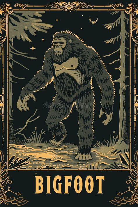 Bigfoot Poster Cryptid Art Sasquatch Card Illustration Stock