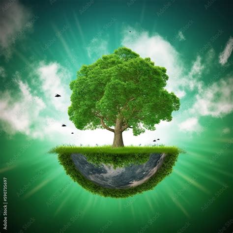 Green World With A Tree Background Earth Day Concept Illustration Of