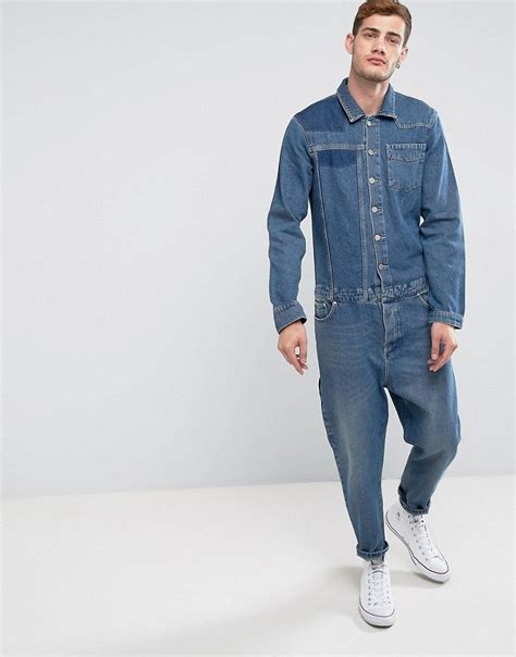 Asos Denim Boiler Suit In Vintage Mid Wash With Shadow Patching And He