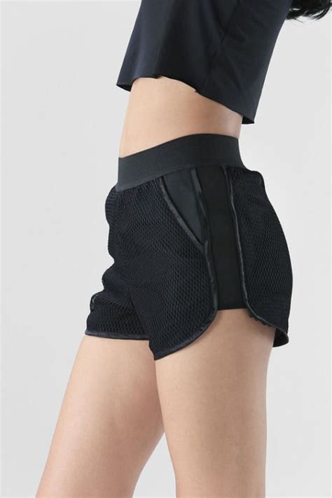 Trendy Gym Wear For Women Black Partial Mesh Athletic Shorts W Black