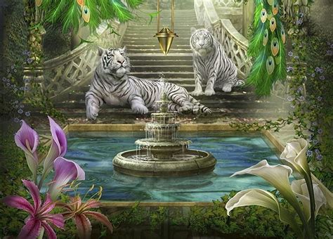 Mystic Garden Tiger Tigru White Lake Fountain Luminos Fantasy