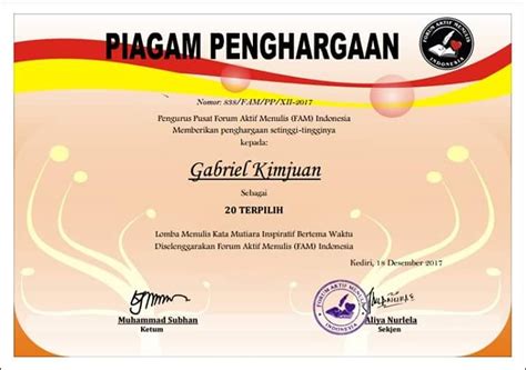 Piagam Penghargaan Lomba Menulis Kata Mutiara Inspiratif Bertema "Waktu", 2017