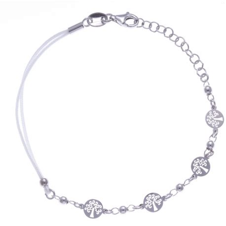 Bracelet Argent Rhodi G Arbres De Vie Cordon Blanc Cm