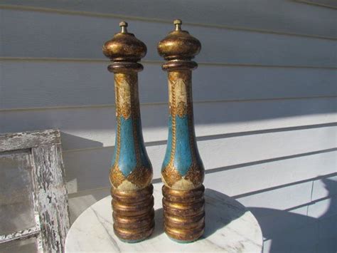 Antique Vintage Florentine Salt Pepper Mill Grinder Shaker Wooden Pair