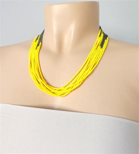 Yellow Necklace Seed Bead Necklace Yellow And Graybeaded Etsy