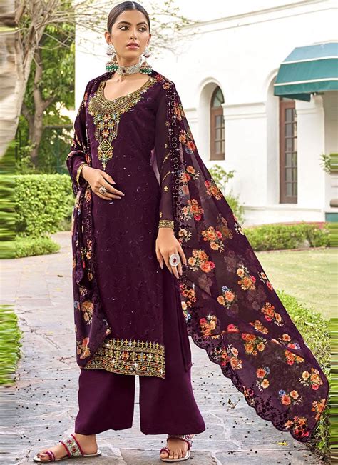 Buy Wine Faux Georgette Digital Print And Embroidered Palazzo Suit