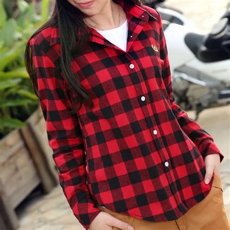 2015 Red Black Plaid Shirt Women Classic Button Lapel Long Sleeve