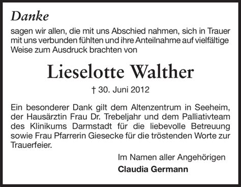 Traueranzeigen Von Lieselotte Walther Vrm Trauer De