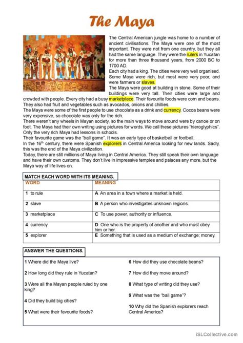 The Maya Reading Activity General English ESL Worksheets Pdf Doc