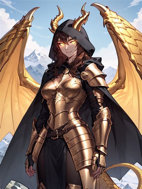 Golden Dragon Girl Golden Armor Black Hooded Cape AI Porn