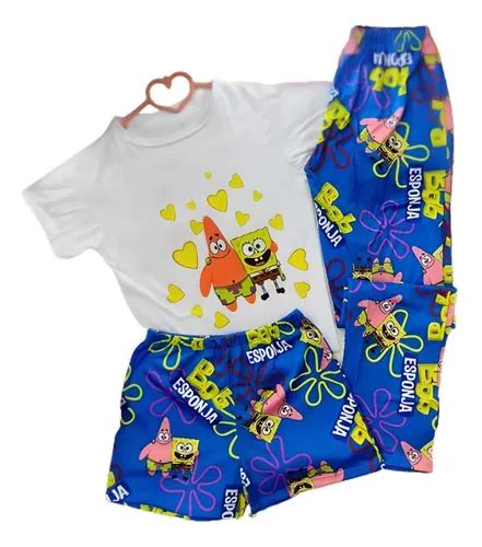 Pijama Bob Esponja De Mujer 3 Piezas Blusa Short Y Pantalón Meses sin