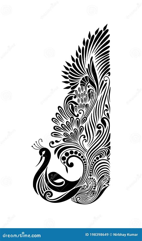 Peacock And Feather Design Black Doodle Print Stock Vector