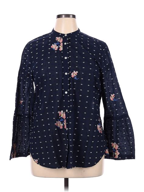 Ann Taylor Loft 100 Cotton Polka Dots Navy Blue Long Sleeve Button