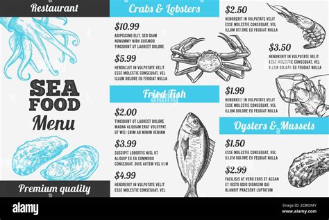 Seafood Menu Hand Drawn Marine Fresh Fishes Gourmet Food Design