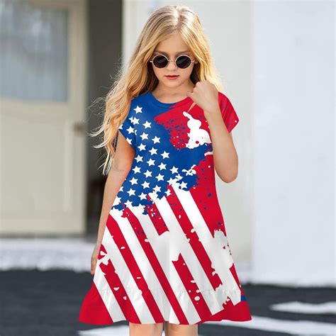 Quealent Toddler Girls American Flag Dress Usa Stars Striped Kids