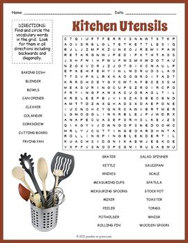 Kitchen Utensils Cooking Equipment Word Search Puzzle Worksheet Activity