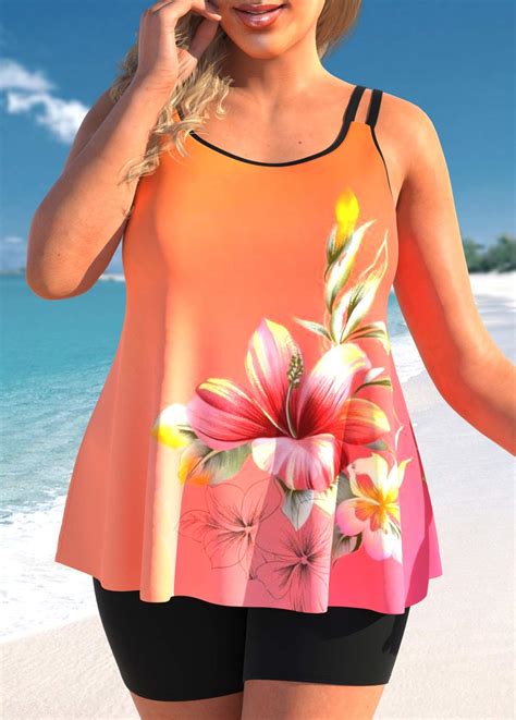 Rotita Plus Size Floral Print Multi Color Tankini Top Rotita