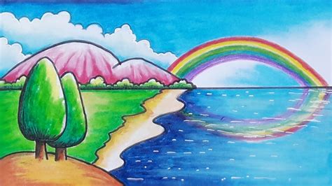 Rainbow Easy Simple Scenery Drawing - How to draw easy and simple scenery for beginners with oil ...