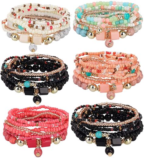 Jstyle 6 Sets Bohemian Stackable Bead Bracelets For Women Stretch