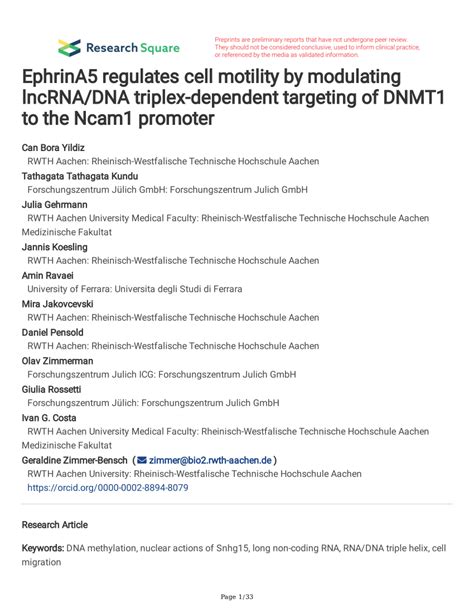 Pdf Ephrina Regulates Cell Motility By Modulating Lncrna Dna Triplex