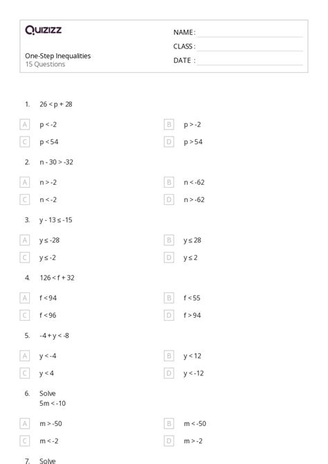 50 One Step Inequalities Worksheets For 7th Grade On Quizizz Free And Printable