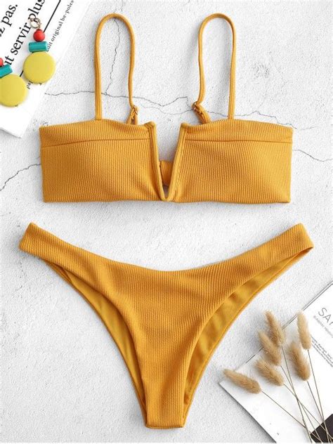 Off Hot Zaful Knot V Wired Ribbed Bikini Set In Bee Yellow