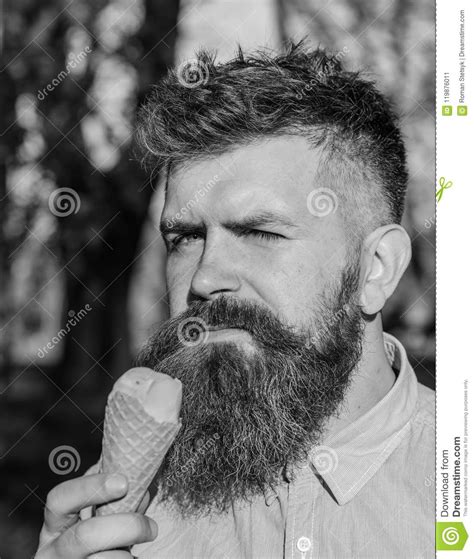 Chilling Concept Man With Long Beard Chilling With Ice Cream Cone On