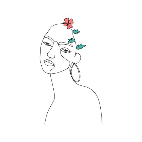 Premium Vector Trendy Abstract One Line Woman Face With Leaves Flower