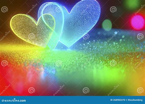 The Heart Shapes On Abstract Light Neon Glitter Background In Love