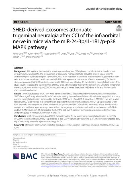 Pdf Shed Derived Exosomes Attenuate Trigeminal Neuralgia After Cci Of